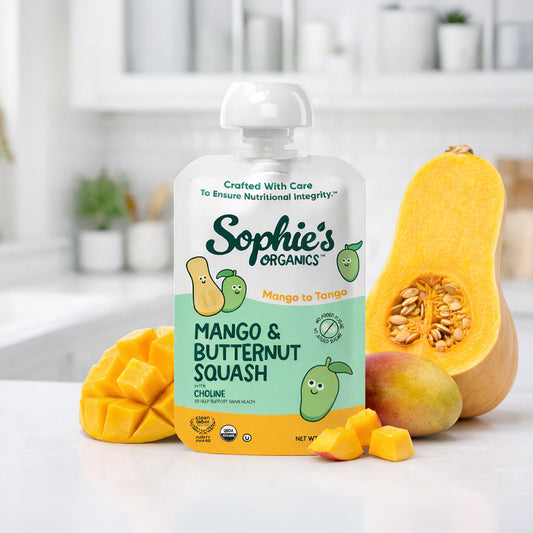 Six-pack of Sophie's Organics Mango To Tango organic fruit snacks in colorful packaging, suitable for kids' healthy snacks.