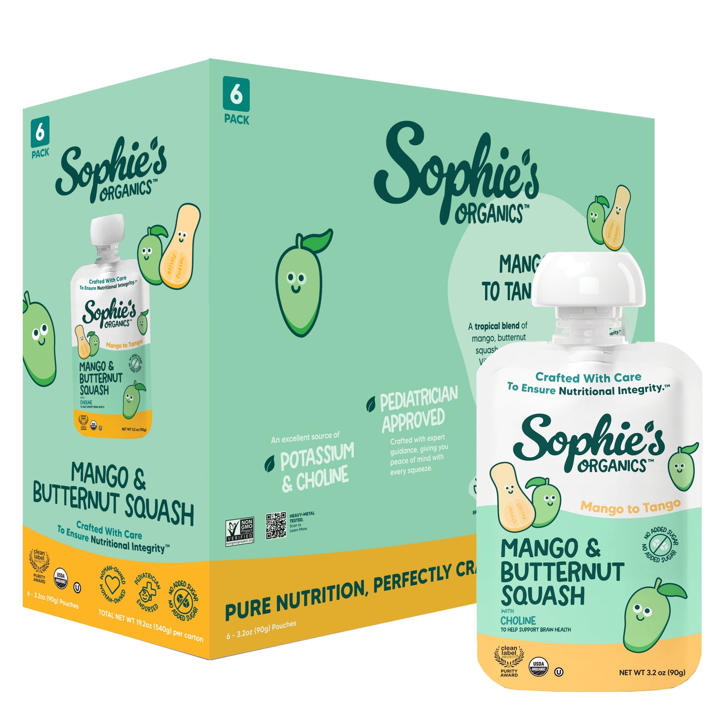 Six-pack of Sophie's Organics Mango To Tango fruit juice cartons with colorful packaging and tropical mango images.