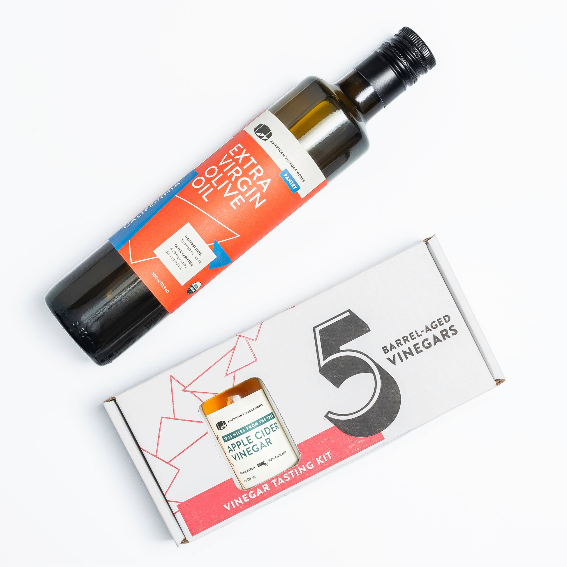 Mini American Vinegar Works oil and vinegar sampler with small bottles of assorted vinegars for tasting and cooking.