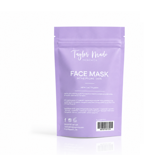 Taylor Made Organics acne face mask shown in a close-up, featuring a soothing, natural mask for clear skin.