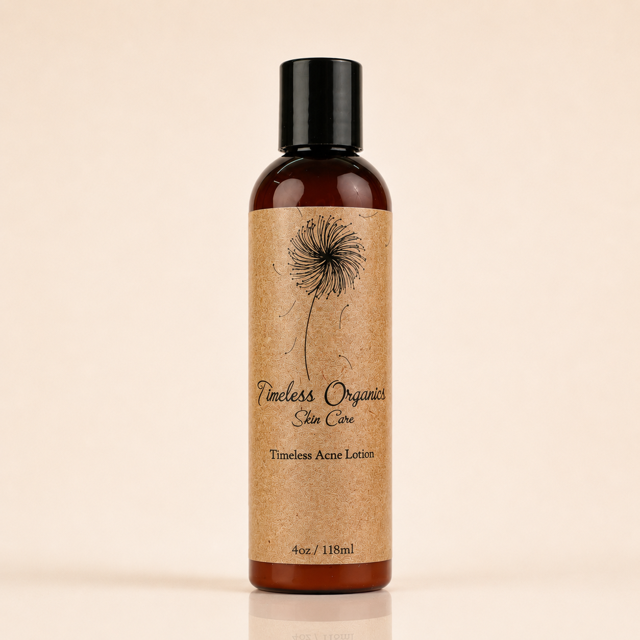 Timeless Organics Skin Care clarifying acne lotion in a pump bottle, featuring a clear liquid with a minimalist label and natural ingredients.