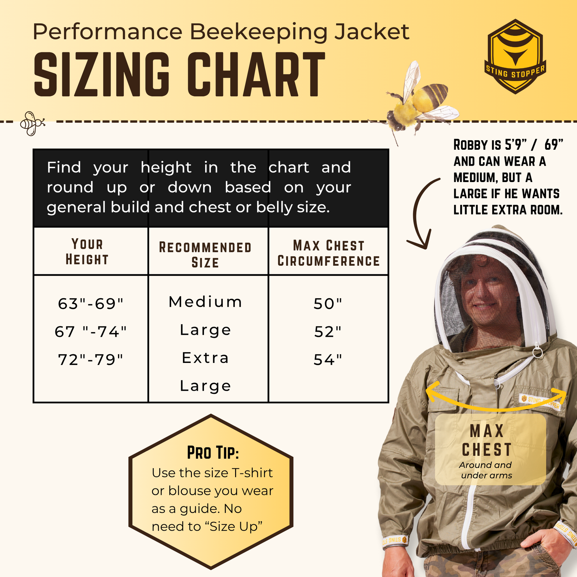 Size chart for Foxhound Bee Company Performance Beekeeping Jacket, adult protective clothing with breathable mesh and secure closures.