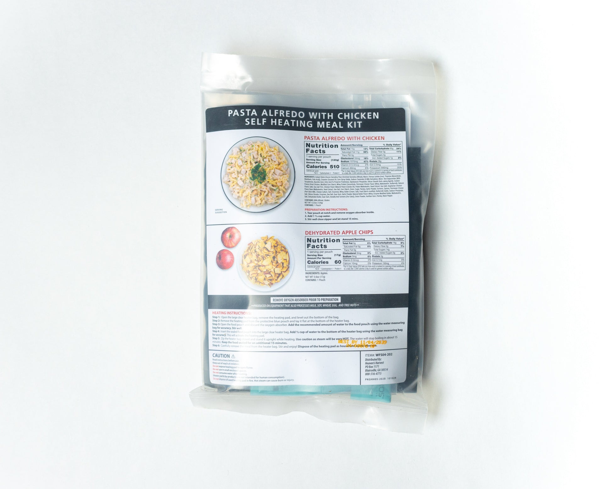 Heaven's Harvest self-heating meal kit featuring freeze-dried pasta Alfredo with chicken, shown on white background.