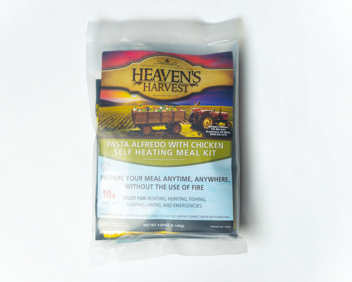 Self-heating pasta Alfredo with chicken meal kit by Heaven's Harvest, featuring a white box with meal images and heating instructions.