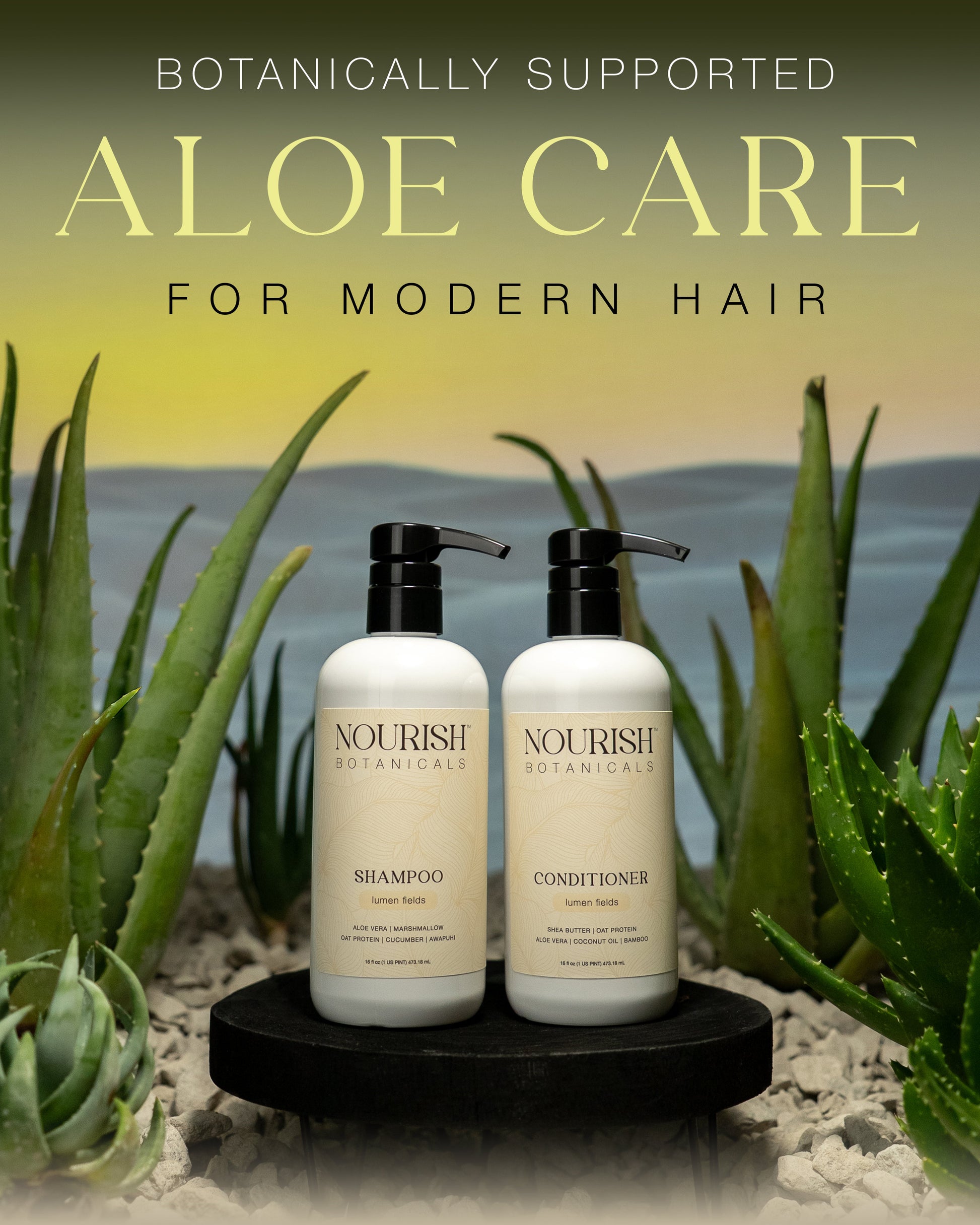 Rustic Strength Botanical Sample Set featuring Aloe for skin and hair, displayed in a natural cottage garden setting.