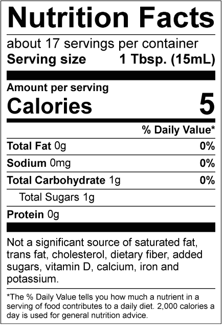 Nutrition facts label for American Vinegar Works Wild Blueberry Apple Cider Vinegar showing ingredients and nutritional information.