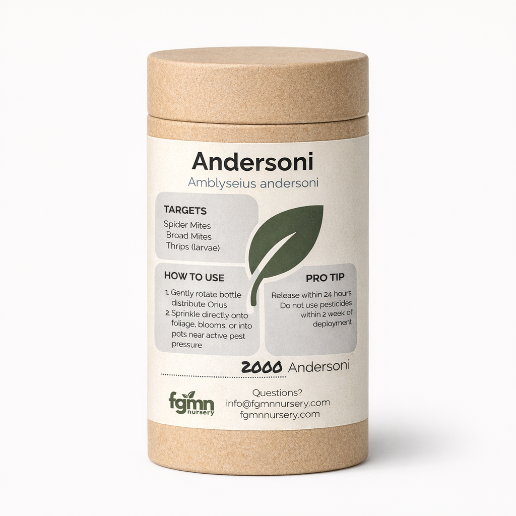 Amblyseius andersoni treatment bottles from FGMN Nursery, used for biological pest control in plants.