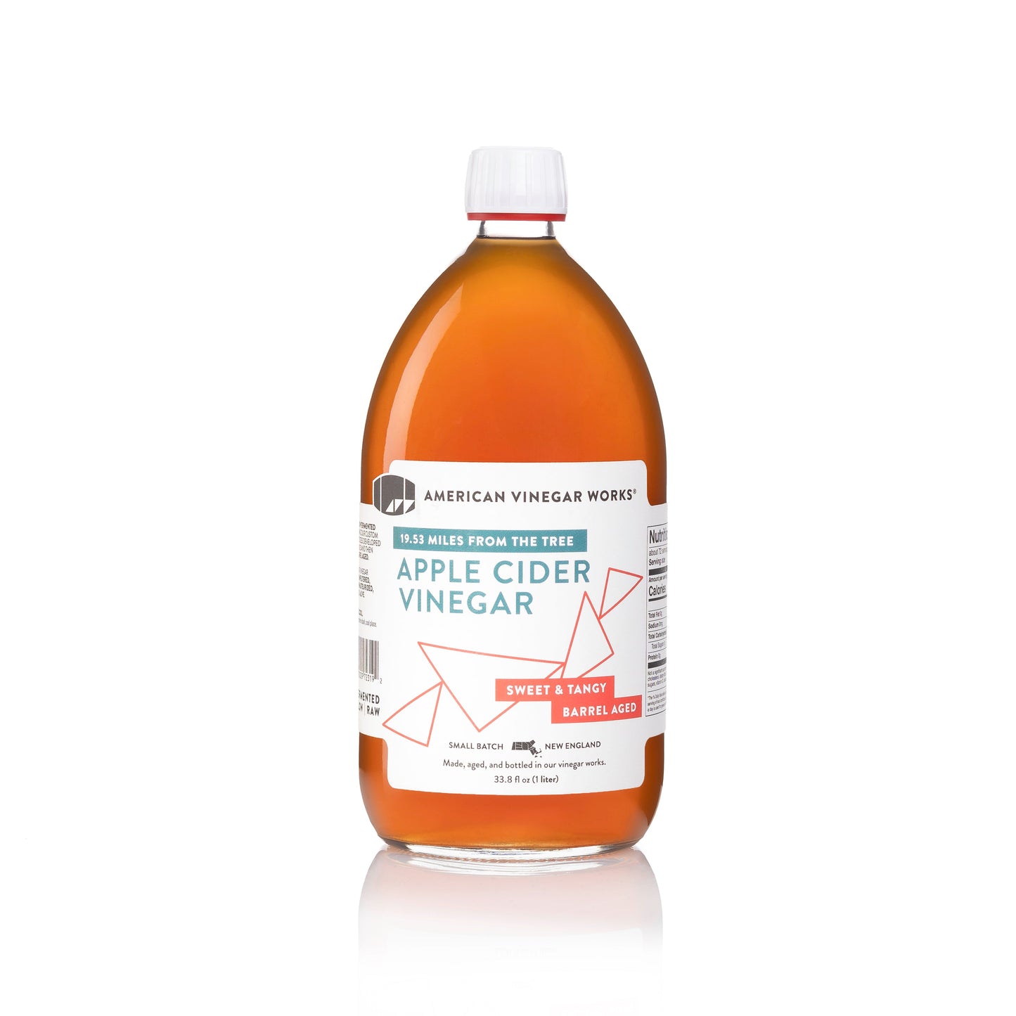 Front view of 1-liter American Vinegar Works apple cider vinegar bottle featuring a clear label and golden liquid inside.