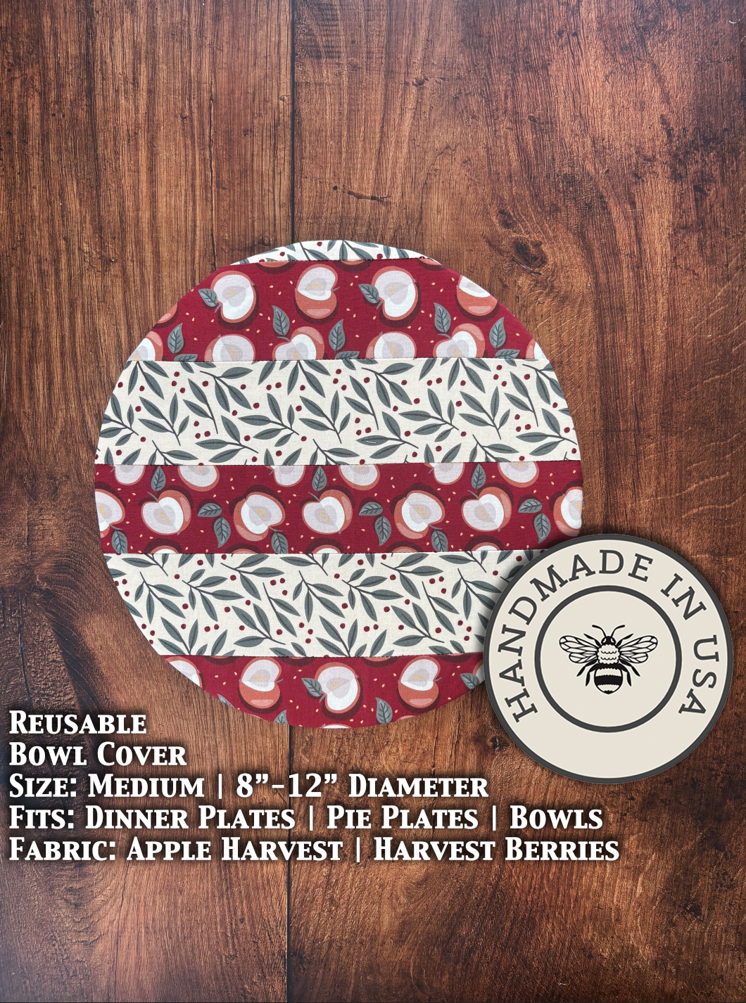 Medium bowl and banneton covers from Five Oaks Farm, featuring a rustic apple harvest and berries design.