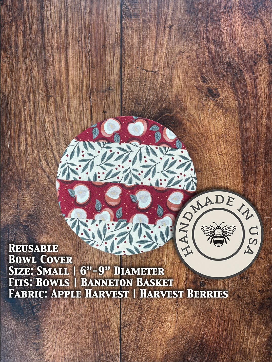 Small bowl and banneton covers from Five Oaks Farm featuring apple harvest and berries on a rustic farm-themed table.