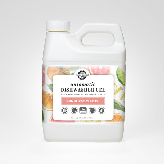 Rustic Strength Sunburst Citrus automatic dishwasher gel in a 32 oz bottle, front view showing label and product design
