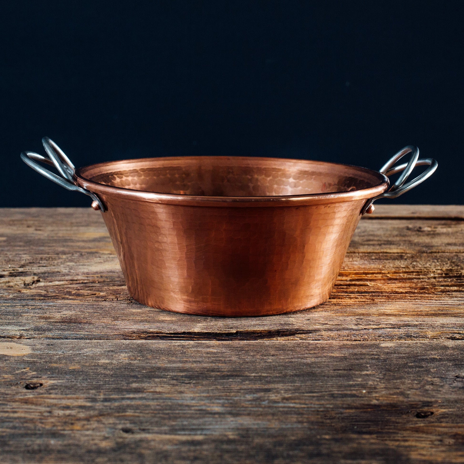 Sertodo Permian Copper Jam Pans, set of durable copper pots and pans with wooden handles for cooking and jam making.