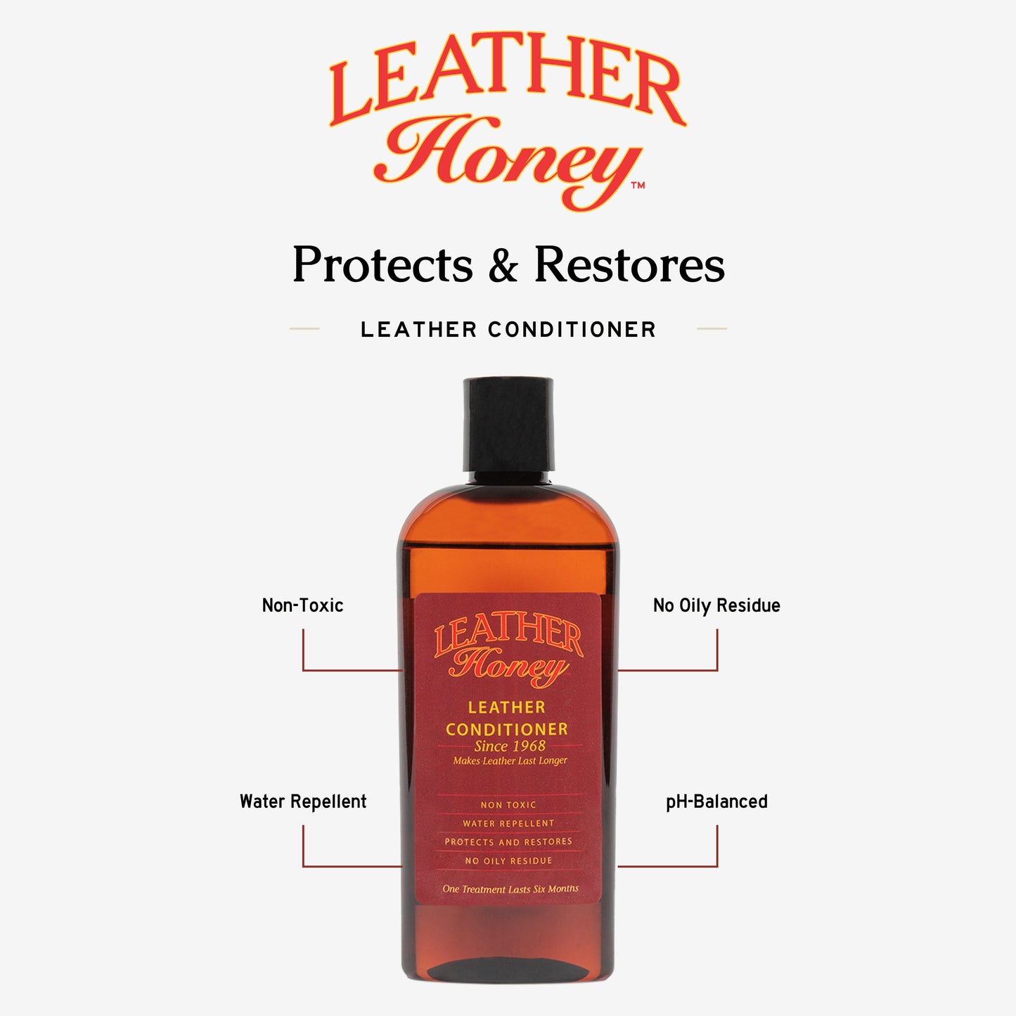 Leather Honey leather conditioner bottle with applicator on a wooden surface, designed to moisturize and protect leather items.