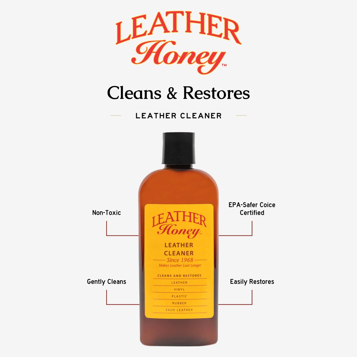 Leather Honey Leather Cleaner bottle with cleaning solution and applicator for maintaining and restoring leather surfaces.