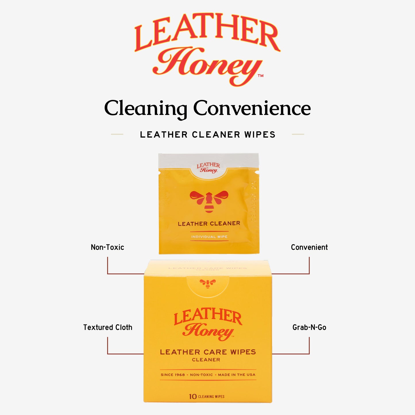 Leather Honey Leather Care Wipes pack with 10 wipes, designed for cleaning and conditioning leather surfaces.