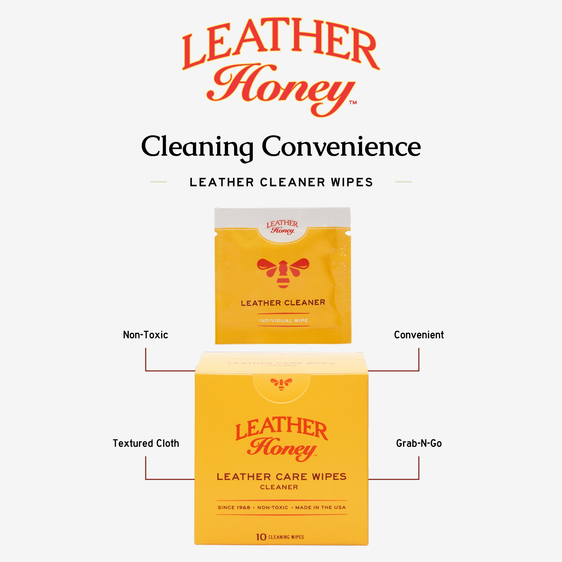 Leather Honey Leather Care Wipes pack with 10 wipes, designed for cleaning and conditioning leather surfaces.