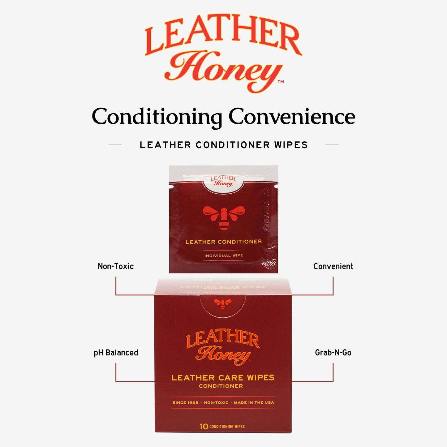 Leather Honey Leather Care Wipes 10-pack, convenient wipes for cleaning and conditioning leather surfaces.