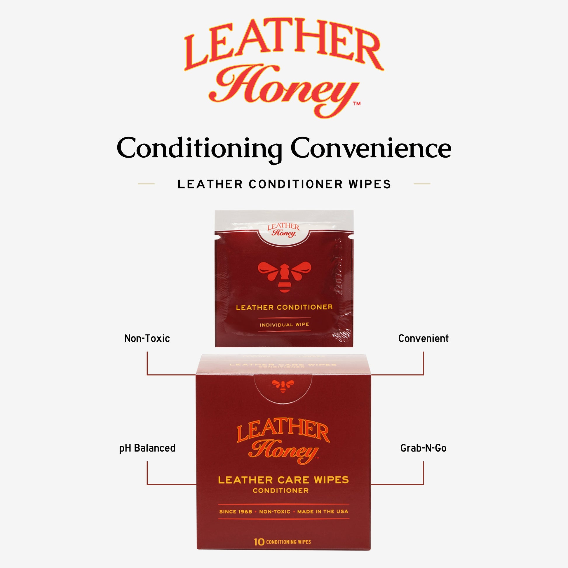 Leather Honey Leather Care Wipes 10-pack, convenient wipes for cleaning and conditioning leather surfaces.