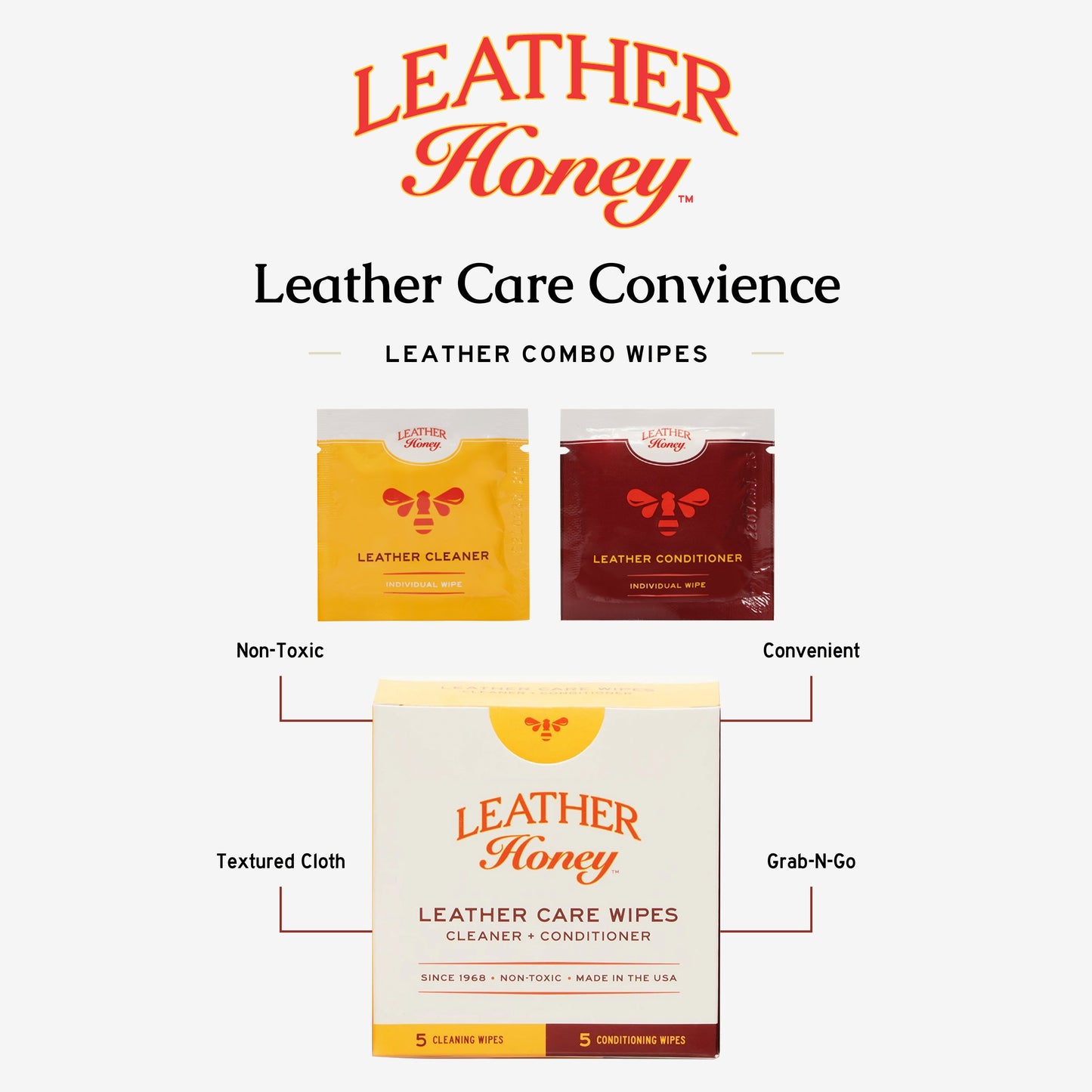 Leather Honey Leather Care Wipes, 10-pack, convenient wipes for cleaning and conditioning leather furniture and accessories.