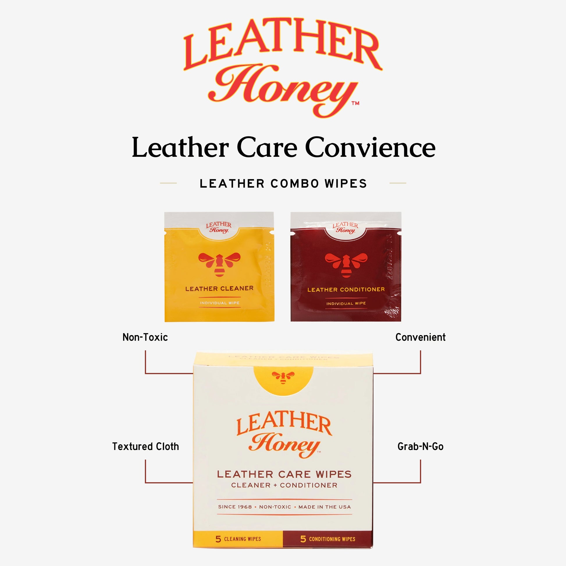 Leather Honey Leather Care Wipes, 10-pack, convenient wipes for cleaning and conditioning leather furniture and accessories.