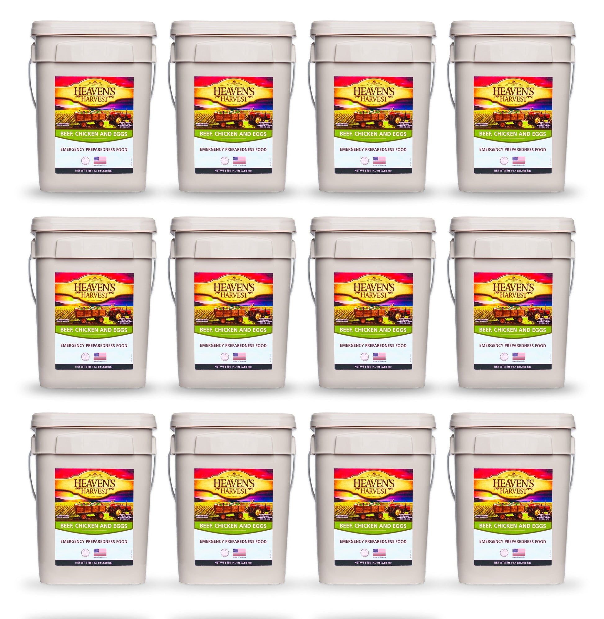 Heaven's Harvest Protein Booster Bucket with 12 emergency survival food kits, featuring sealed containers of nutritional protein supplements.