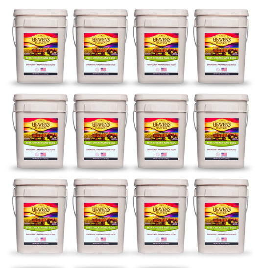 Heaven's Harvest Protein Booster Bucket with 12 emergency survival food kits, featuring sealed containers of nutritional protein supplements.