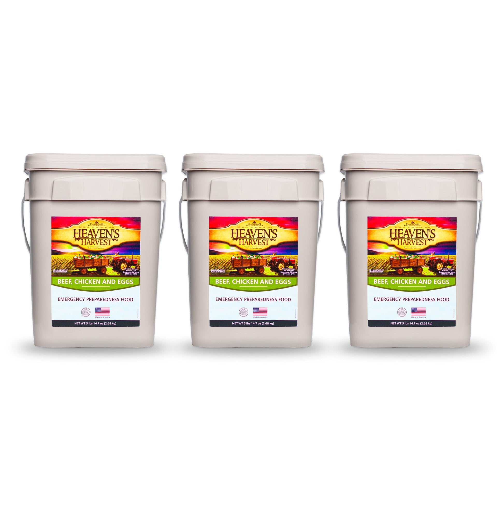 Heaven's Harvest Protein Booster Bucket 3-pack with emergency survival food kit, featuring protein-rich food storage containers.