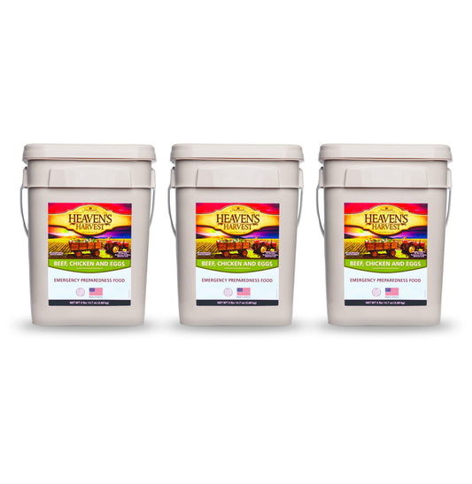 Heaven's Harvest Protein Booster Bucket 3-pack with emergency survival food kit, featuring protein-rich food storage containers.