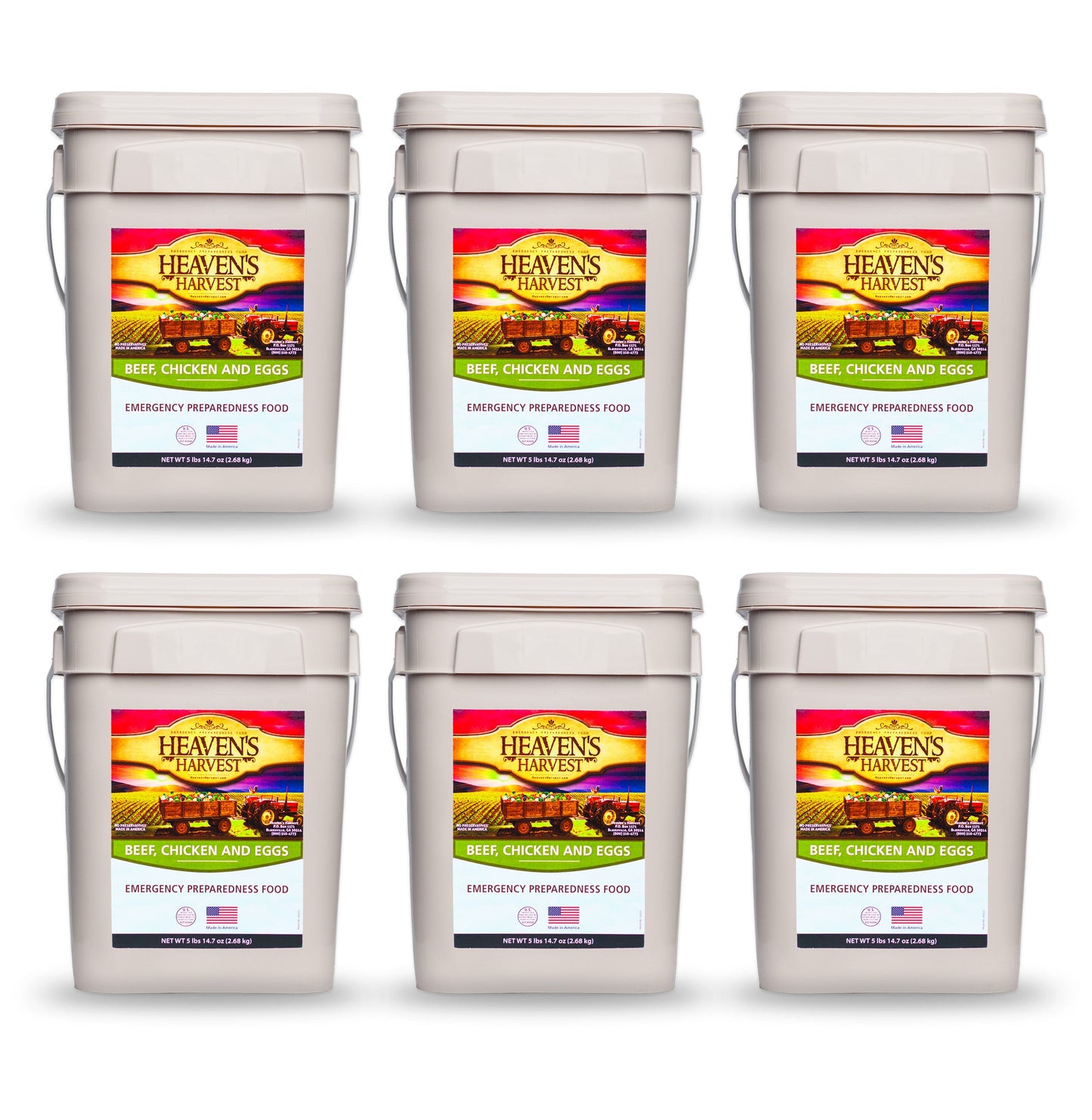 Heaven's Harvest Protein Booster Bucket 6-pack with emergency survival food kits, featuring sealed buckets with nutritional protein bars.