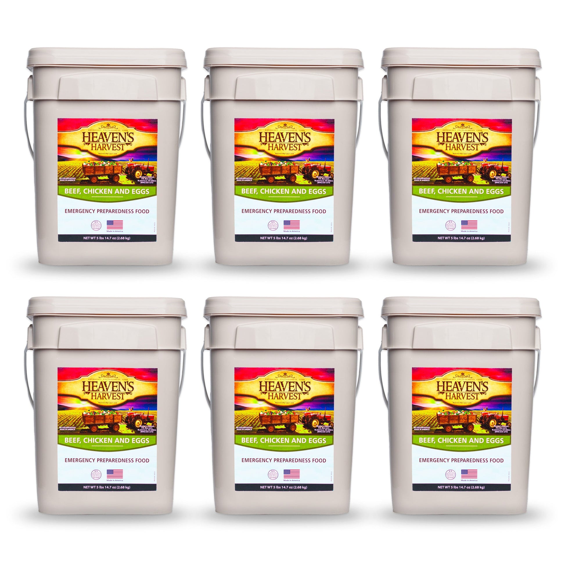 Heaven's Harvest Protein Booster Bucket 6-pack with emergency survival food kits, featuring sealed buckets with nutritional protein bars.