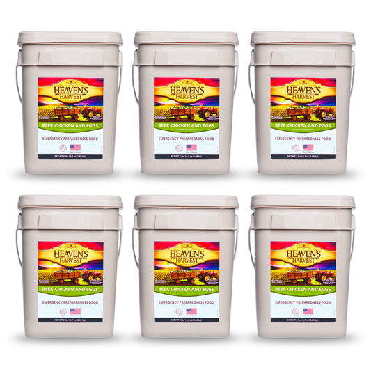 Heaven's Harvest Protein Booster Bucket 6-pack with emergency survival food kits, featuring sealed buckets with nutritional protein bars.