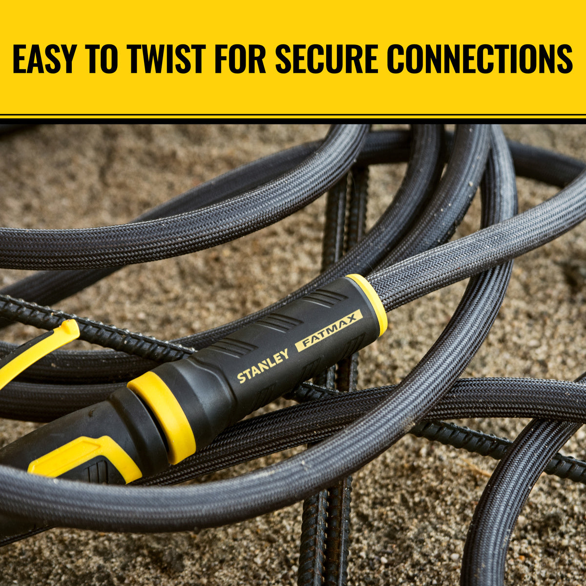 Orbit Irrigation Stanley 100 ft fabric garden hose with swivel coupling, flexible and durable for outdoor watering.