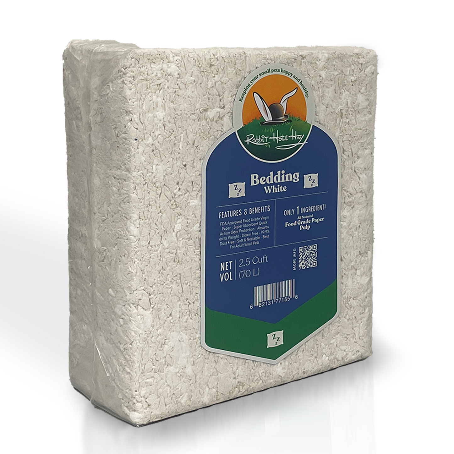 White bedding for animals, Ultra Premium Food Grade Bedding by Rabbit Hole Hay, shown in a clean, folded bedding package.