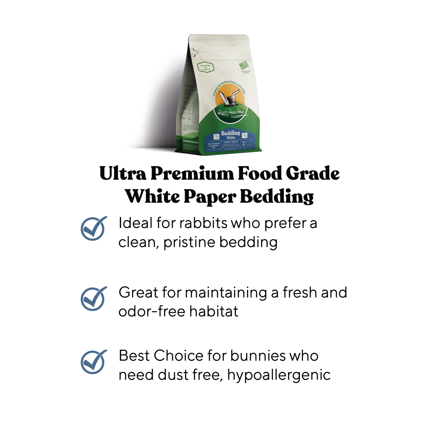 White bedding from Rabbit Hole Hay, premium food-grade bedding for small animals, shown with benefits and features.