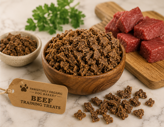 Organic beef training treats for dogs from PAWsitively Organic Dog Bakery, high-value, bite-sized training treats for dogs.