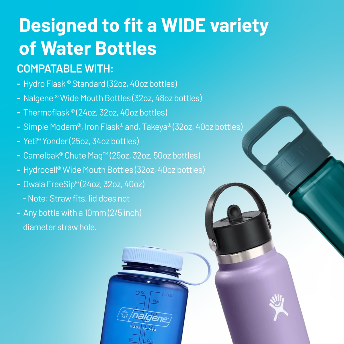 Answer 2.0 water filter compatible with Hydro Flask and Nalgene bottles, shown in teal with infographic details.