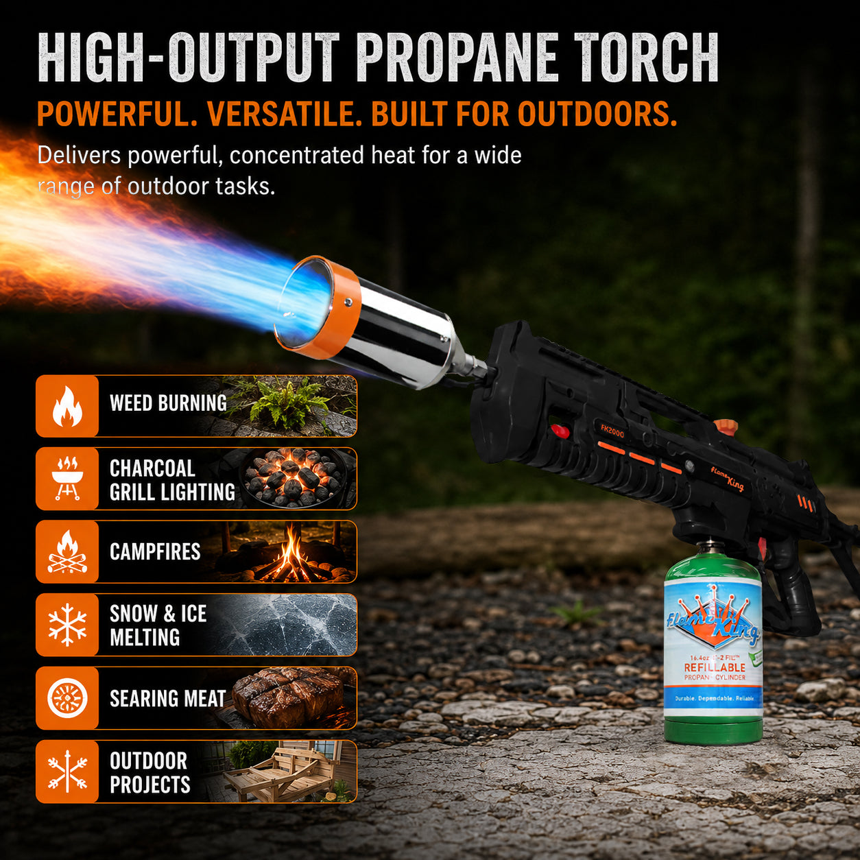 Flame King BlazeTac propane torch gun with trigger ignition, used for weed burning and outdoor heating, featuring a sturdy metal nozzle.