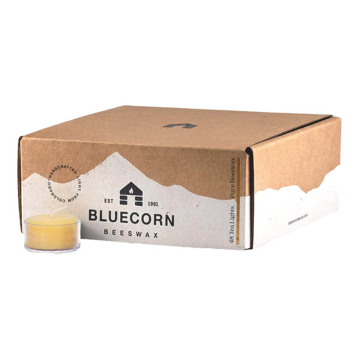 Pure beeswax tea light candles from Bluecorn Candles, shown in clear containers with unburned wicks and natural beeswax texture.