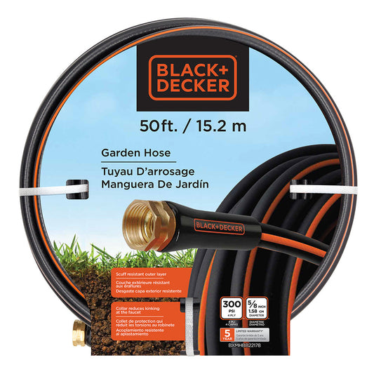 Black+Decker medium-duty 50 ft. garden hose connected to a faucet, suitable for watering gardens and outdoor plants.