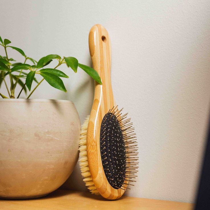 Two-sided Tilley + Me dog grooming brush with natural bamboo handle, featuring bristle and wire sides for shedding and detangling.