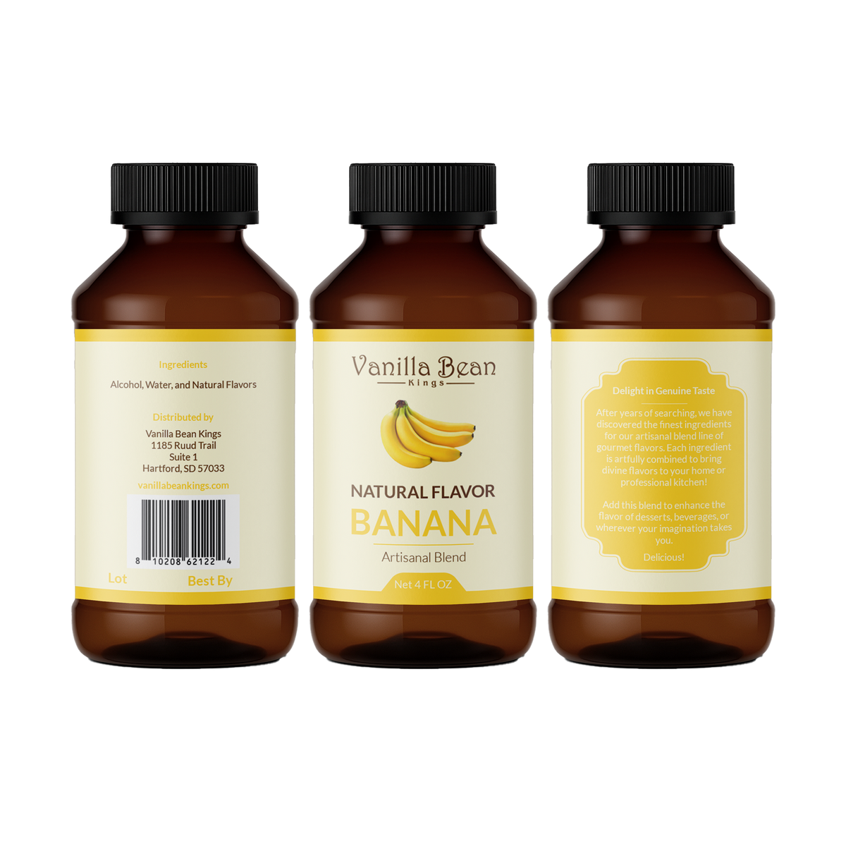 Natural banana extract from Vanilla Bean Kings in a clear bottle, showing a vibrant yellow liquid and a banana illustration on the label.