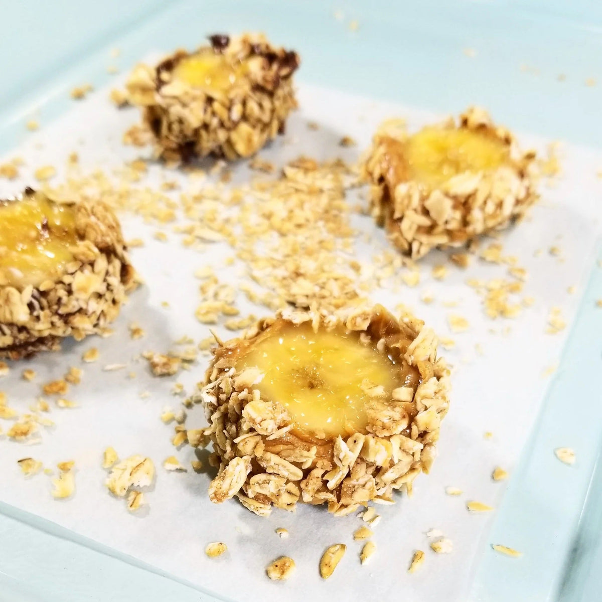 Banana Coins made with peanut butter granola from BuyNebraska.com, gluten, soy, and dairy free, in a food multipack.