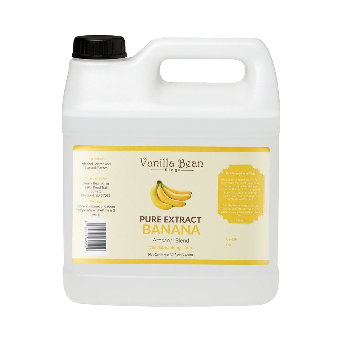 Natural banana extract bottle from Vanilla Bean Kings, showcasing clear liquid and label on a white background.