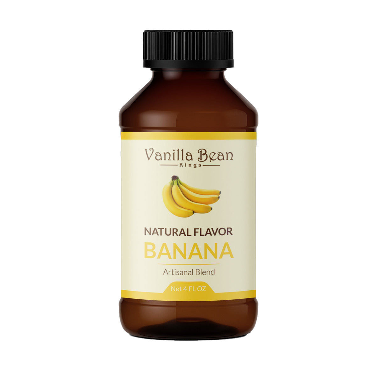 Natural banana extract bottle from Vanilla Bean Kings with a clear label and golden liquid inside.