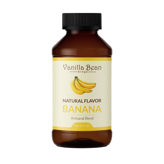 Natural banana extract bottle from Vanilla Bean Kings with a clear label and golden liquid inside.