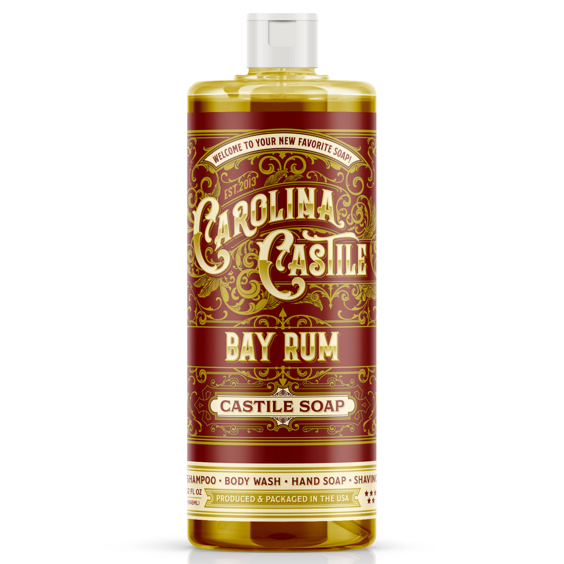 32 oz bottle of Carolina Castile Soap with bay rum scent, natural liquid soap in a clear plastic bottle with label.