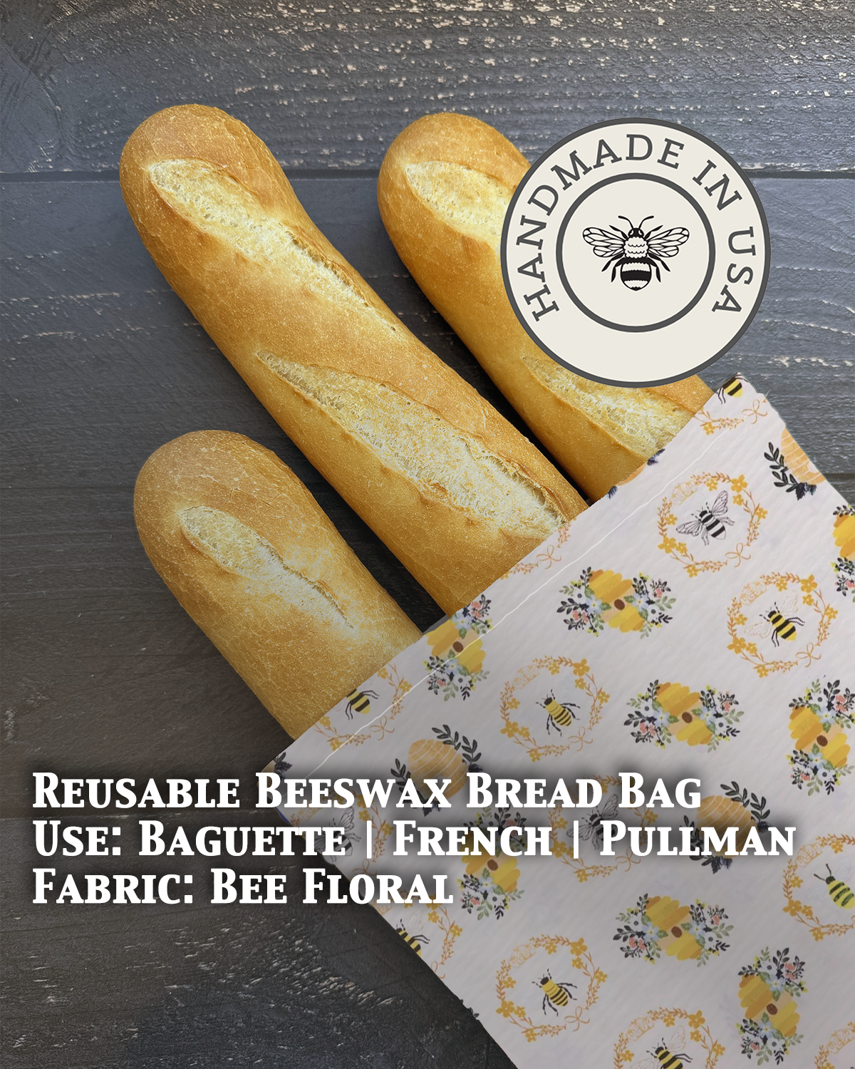 Beeswaxed Baguette Bag from Five Oaks Farm with floral design, natural cotton material, and sturdy handles for bread storage.