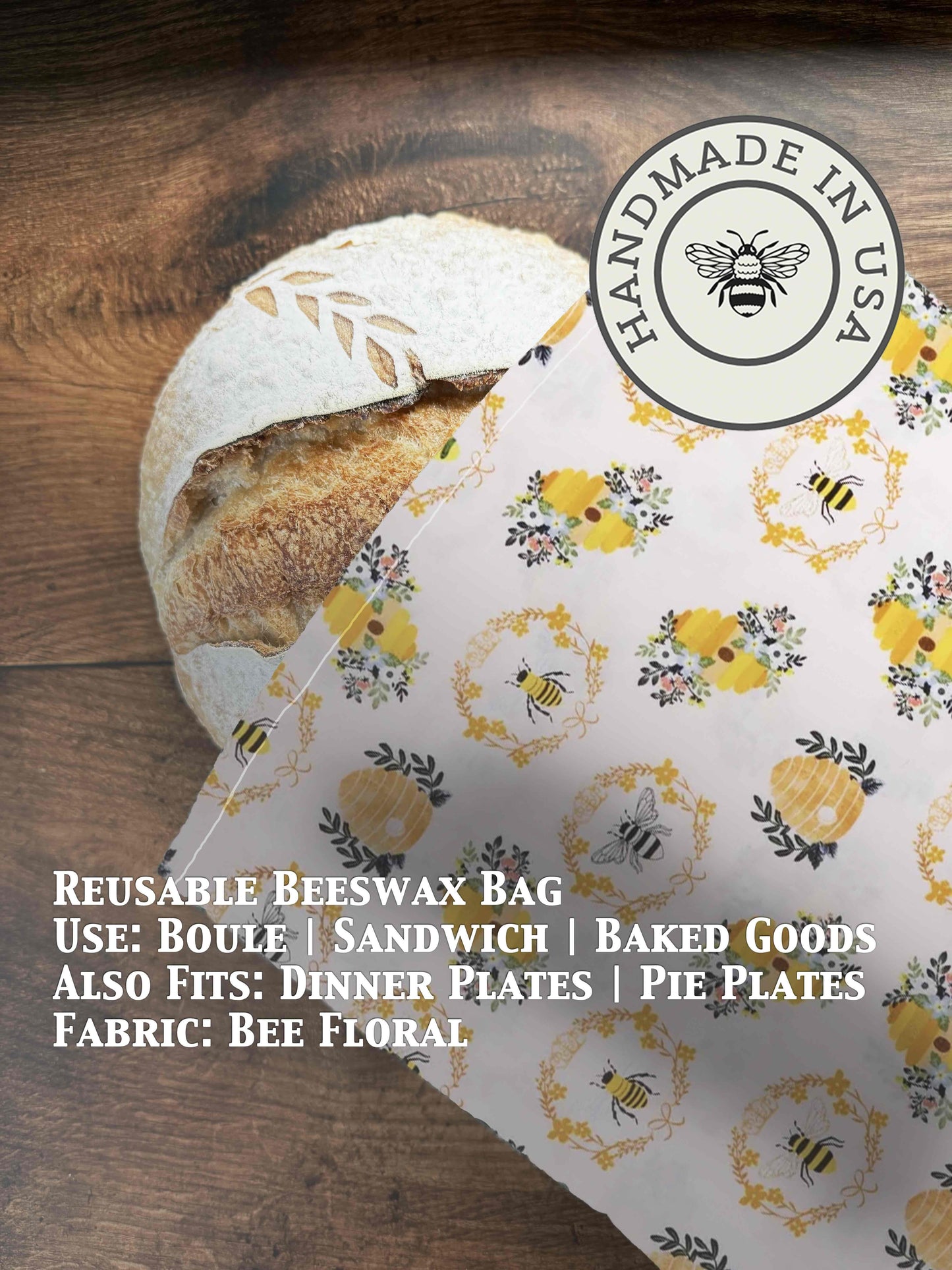 Beeswaxed bread bag from Five Oaks Farm with floral bee design, eco-friendly storage for fresh bread and baked goods.
