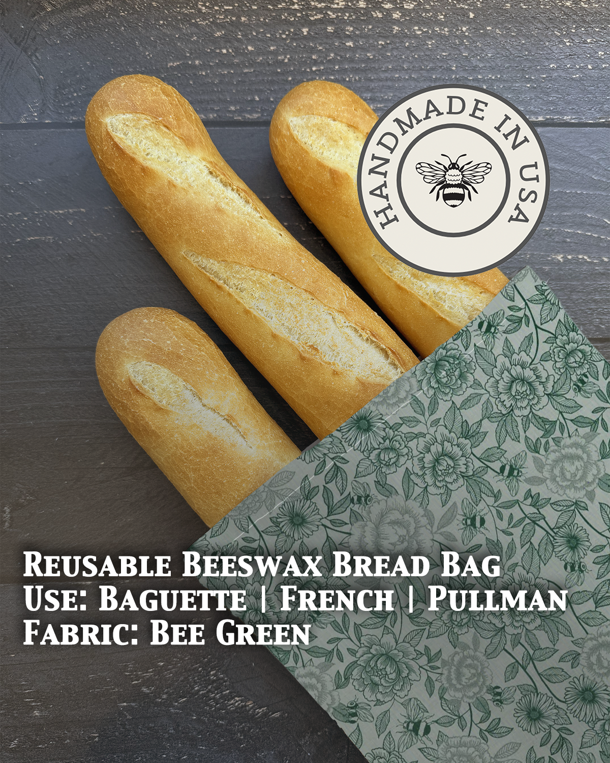 Beeswaxed Baguette bag from Five Oaks Farm with green beeswax exterior, showcasing natural farm-style craftsmanship.