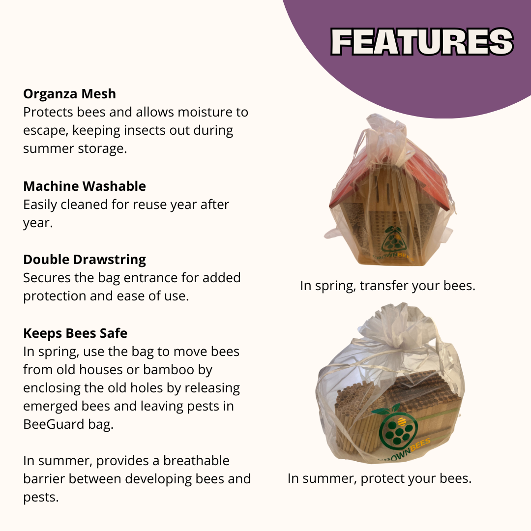 CrownBees spring total accessories package for mason bees, including bee guard bag with protective features and hardware.
